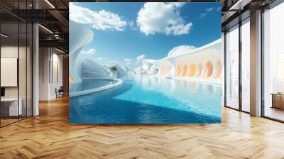 3d render of modern architecture. Swimming pool with blue sky Wall mural