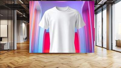 3d rendering of a Mockup white t-shirt in a futuristic room, a T-shirt in a futuristic interior. 3D rendering. Neon lights, White t-shirt mockup in modern futuristic interior 3D rendering Wall mural