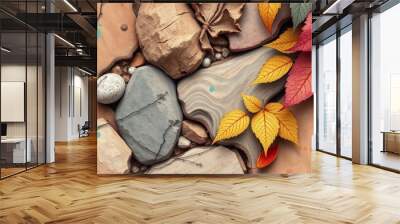 Colorful leaves and stones on an old paper background with space for text, Autumn composition with leaves and stones on wooden background, flat lay, Autumn leaves and stones on wooden background. Flat Wall mural