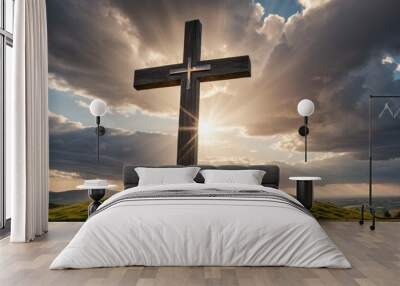 Cross in front of a stormy sky - panoramic image, Cross of Jesus Christ on the hill at sunset. Conceptual image, Conceptual wood cross or religion symbol shape over a hill with a dramatic sky. Wall mural