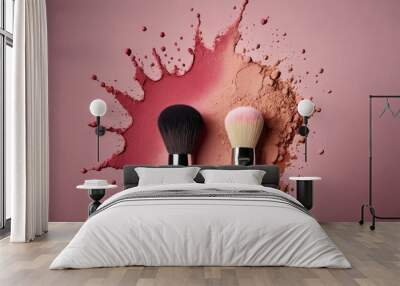 Makeup brushes and red paint splashes on a pink background. Wall mural