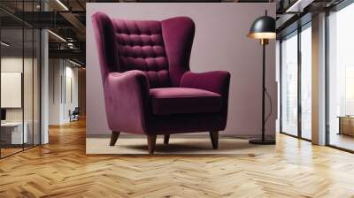 Purple armchair with orange pillow in living room. 3d render, interior with purple armchair and table, Modern living room interior with armchair and pink soft pillows, interior with two armchairs. Wall mural