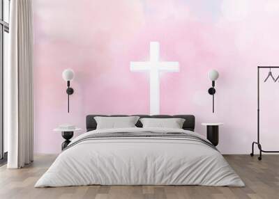 white cross on the blue sky with clouds and sun rays - religious background, Illustration of a Christian cross on a colorful background with space for text, Christian cross on pastel background Wall mural