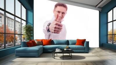 Businessman showing like and smiling on white background Wall mural