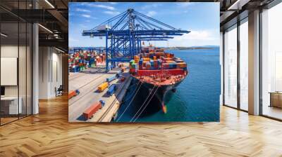 A large container cargo ship is beeing loaded and unloaded in a commercial dock Wall mural