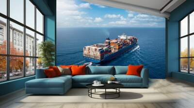 A large container cargo ship travels over calm, blue ocean Wall mural