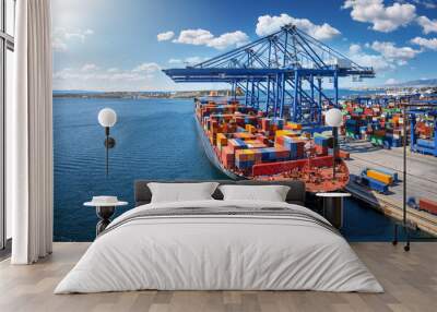 A large container cargo vessel is beeing loaded and unloaded by large cranes in a commercial dock Wall mural