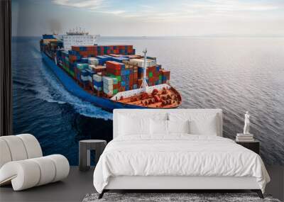 Aerial front view of a large container cargo ship traveling with speed over calm ocean and sunset light Wall mural