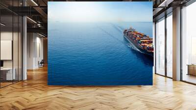 Aerial panorama of a cargo ship carrying container for import and export, business logistic and transportation in open sea with copy space  Wall mural