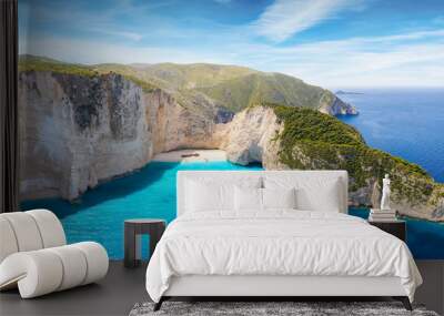 Aerial panoramic view of the famous shipwreck beach at Zakynthos island, Ionian Sea, Greece, with blue and turquoise water Wall mural