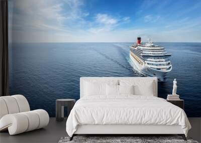 Aerial view of a generic cruise ship traveling over calm ocean with copy space as a concept for travel and holidays Wall mural