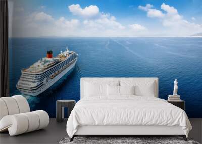 Aerial view of a generic cruise ship traveling with speed over blue ocean with copy space Wall mural