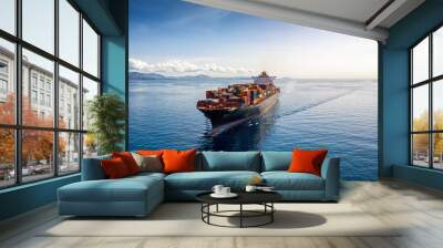 Aerial view of a heavy loaded container cargo vessel traveling over calm, blue sea Wall mural