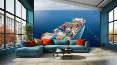 Aerial view of a large, loaded container cargo carrier ship traveling over blue ocean Wall mural