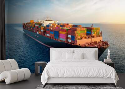 Aerial view of a large, loaded container cargo ship traveling over open ocean Wall mural