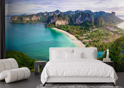 Panoramic aerial sunrise view of the beautiful Railay beach, Krabi, Thailand, lush rain forest and emerald sea Wall mural