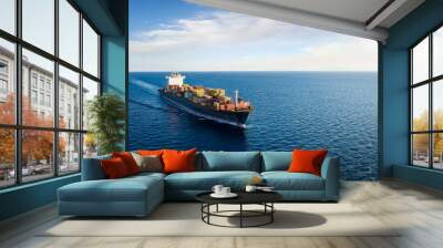 Panoramic aerial view of a cargo ship carrying containers for import and export, business logistic and transportation in open sea with copy space  Wall mural