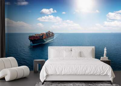 Panoramic front view of a cargo ship carrying containers for import and export, business logistic and transportation in open sea with copy space Wall mural