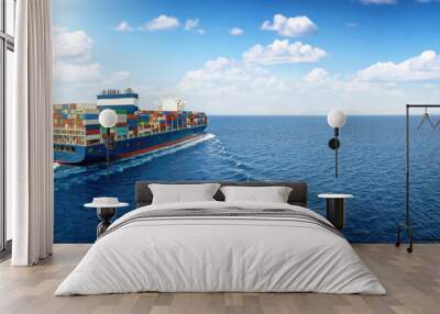 Panoramic view of a large cargo ship carrying containers for import and export, business logistic and transportation in open sea with copy space  Wall mural