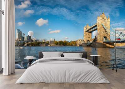 Panoramic view of the modern skyline of London, United Kingdom, from the Tower Bridge to the City on a sunny autumn day with calm Thames river Wall mural