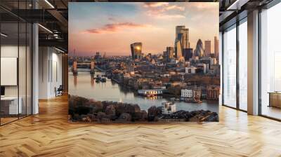 the skyline of london city with tower bridge and financial district skyscrapers during sunrise, engl Wall mural