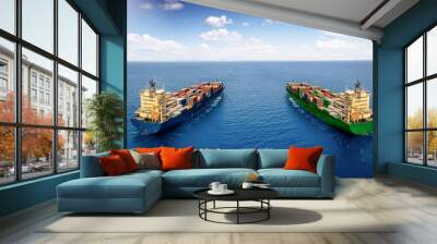 Tow container cargo ships traveling over ocean; concept for shipping, transport and business Wall mural