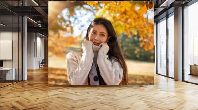 Young, attractive woman in the park during autumn time with orange leaves on the trees and golden sunshine Wall mural