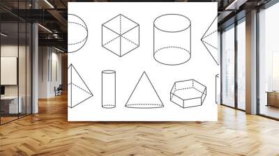 Volumetric basic geometric shapes. Black linear simple 3d figure with dashed invisible shape lines. Isometric views ball or cube, cylinder or pyramid and other. Isolated on white vector illustration Wall mural