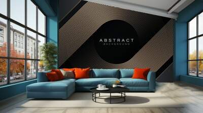 Abstract elegant black background with shiny gold geometric lines. Modern golden diagonal rounded lines pattern. Luxury style. Horizontal banner template. Suit for cover, poster, presentation, banner Wall mural