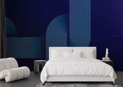 Abstract glowing blue circle lines on dark background. Retro style. Geometric stripe line art design. Modern shiny blue lines pattern. Technology futuristic concept. Vector illustration Wall mural