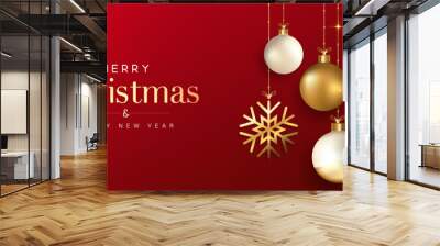 Christmas red banner background with glossy balls and snowflakes hanging on ribbon. Merry christmas greeting card. Luxury and elegant xmas holiday design. Vector Illustration Wall mural