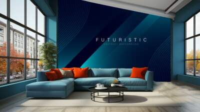 Dark blue abstract background with glowing geometric shapes. Modern shiny blue lines pattern element. Futuristic technology concept. Horizontal banner template. Suit for cover, presentation, website Wall mural