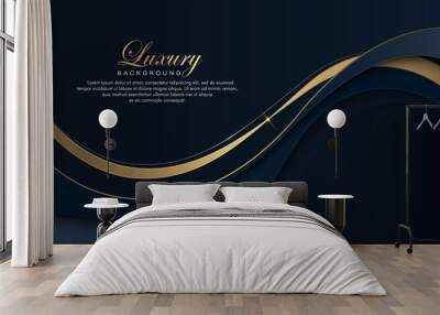 Dark blue abstract wave background with glitter golden lines. Luxury and elegant style template. Premium modern geometric wave pattern element. Suit for cover, poster, banner, website, brochure Wall mural