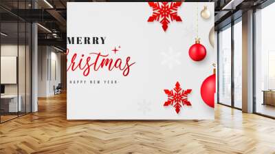 Merry Christmas and Happy New Year banner. Hanging realistic christmas balls on white background. Elegant red and white snowflakes. Holiday greeting card. Vector illustration Wall mural