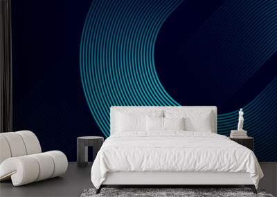 Modern dark blue abstract horizontal banner background with glowing geometric lines. Shiny blue diagonal rounded lines pattern. Futuristic concept. Suit for cover, brochure, presentation, flyer, web Wall mural