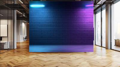 A dark brick wall illuminated by two vibrant neon lights, casting a cool blue and a warm purple glow.  This backdrop is perfect for showcasing product, graphic designs, or as a dynamic visual element. Wall mural