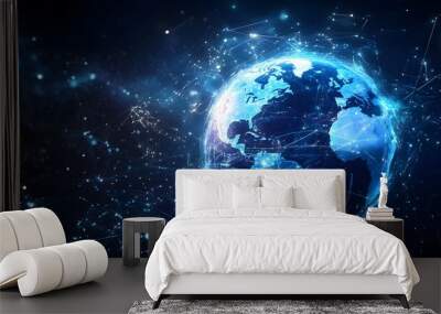 Global business and network connection concept. The spread of global economy and technology around the word. The globe with shiny line that connected each other surrounding along it. Wall mural