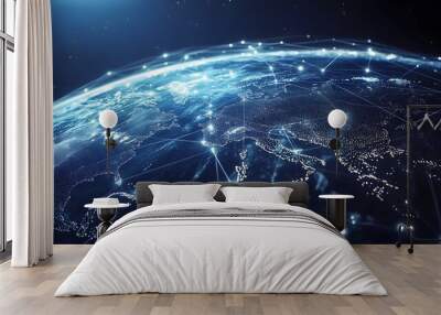 Global business and network connection concept. The spread of global economy and technology around the word. The globe with shiny line that connected each other surrounding along it. Wall mural