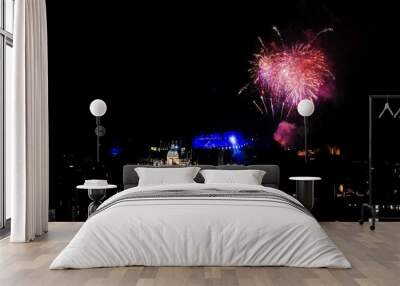 fireworks over edinburgh castle with view of the city. finale of edinburgh international festival in Wall mural