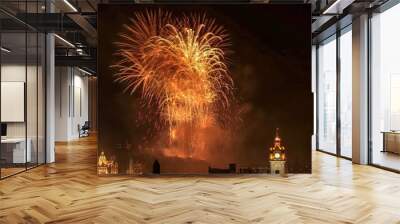 fireworks over edinburgh castle with view of the city. finale of edinburgh international festival in Wall mural