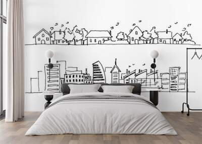 Hand drawing of city, rural and urban area. Wall mural