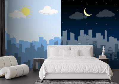 Random blue city skyline Vector. Difference between Day and Night. Wall mural