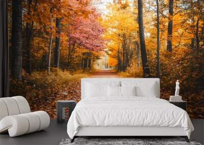 A serene forest path covered in freshly fallen autumn leaves with trees showcasing vibrant fall colors Wall mural