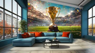 A vibrant scene featuring a golden trophy on a soccer field, with a stadium full of cheering fans and confetti falling from the sky, capturing the excitement of victory Wall mural