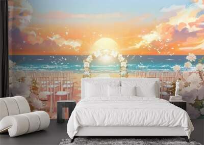 A Picturesque Beach Wedding With White Flowers And A Sunset Backdrop, Cartoon ,Flat color Wall mural