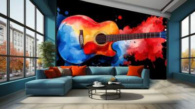 Acoustic Guitar Bathed In Watercolor, Blending Music And Art  Wall mural