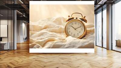 Close-up of an alarm clock showing a late hour with rumpled bedding in the background, alarm clock with a late hour, disheveled bed sheets with copy space. Convey the feeling of waking up late. Wall mural