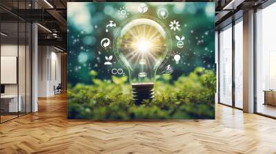 lightbulb in green forest with the icon environment of ESG, co2, circular company, and net zero. Technology Environment, Organization Sustainable development environmental Wall mural