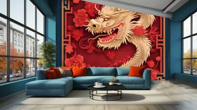 Chinese New Year. Year of the dragon. Flowers and asian decoration. Wall mural