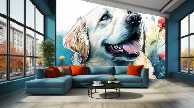 Dogs in watercolor. Illustration of cute dog in watercolor with flowers and plants. Romantic images of dogs in watercolor with pastel tones, very colorful and romantic. Generated by AI.
 Wall mural